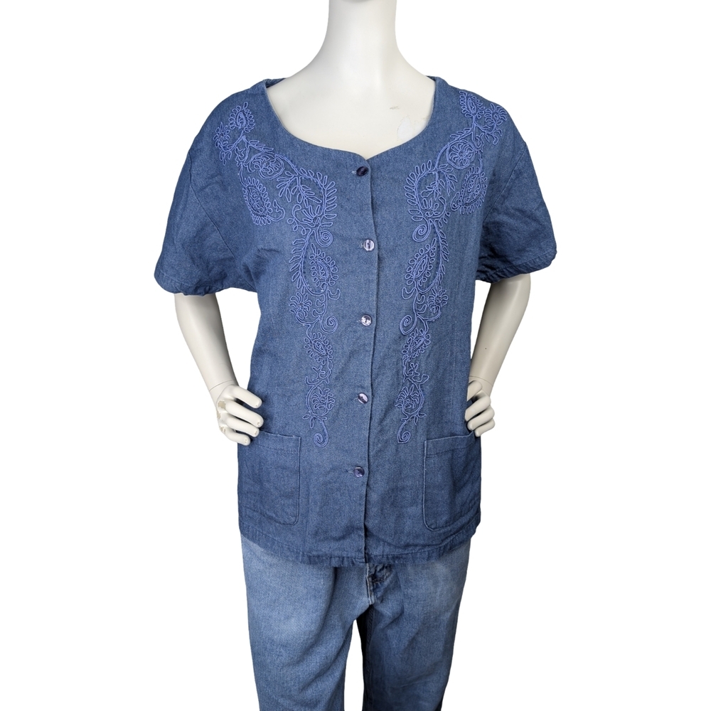 Shana K Vintage 90s Embellished Denim Button Up, Womens XL, Cottagecore